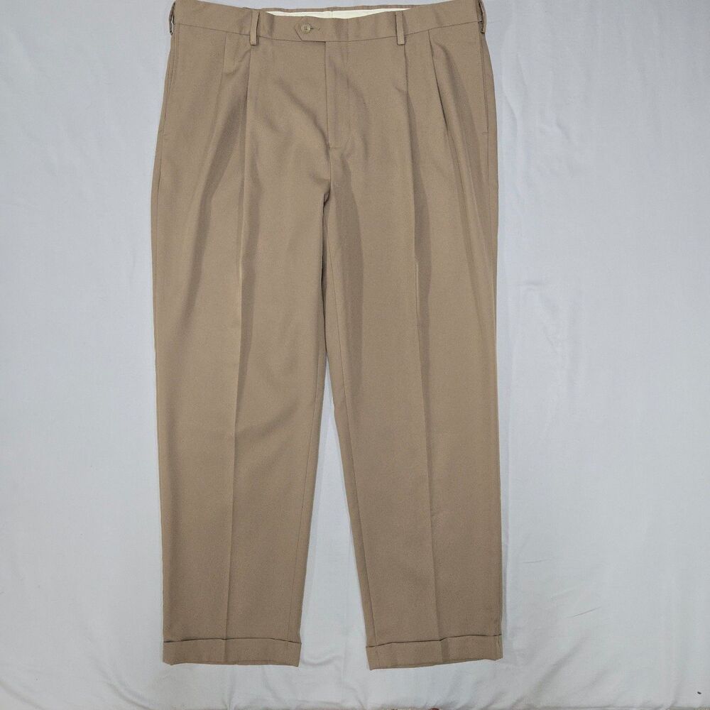 JoS. A. Bank Traveler Dress Pants Mens 40x30 Tan Khaki Double Pleated Cuffed